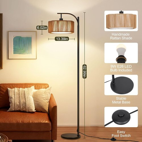 Boho Arc Floor Lamp - Dimmable RGB LED Rattan Design with Remote Control | Stylish Black Tall Lamp for Living Room & Bedroom