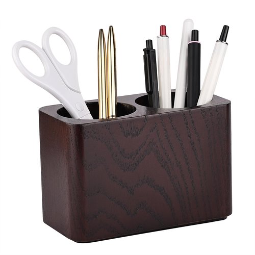 CAMLOT Oak Solid Wood Pen &Pencil Holder for Desk, Office Stationery Organizer, Table Pencil Cup Stand,Desk Accessories Holder, Two Cups Practical Design. (Espresso)