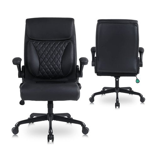 Youhauchair Executive Office Chair, Ergonomic PU Leather Computer Desk Chair with Lumbar Support, Flip-up Armrests and Adjustable Height, for Home Office, Black