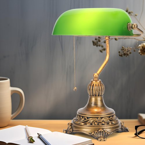 NISSAFORS Bankers Lamp with Pull Switch, Green Glass Desk Lamp with Retro Black/Gold Finish, Vintage Table Lamps for Living Room, Library, Piano(Green)