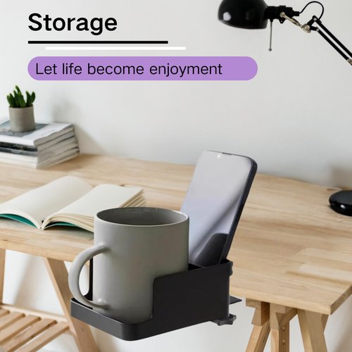 JTDER Desk Cup Holder Clamp - Ajustable Desktop Hanging Storage Rack, Clamp On Cup Holder with Cup/Phone/Pen, with Charging Hole and Spill-Proof Cup Design (Black)