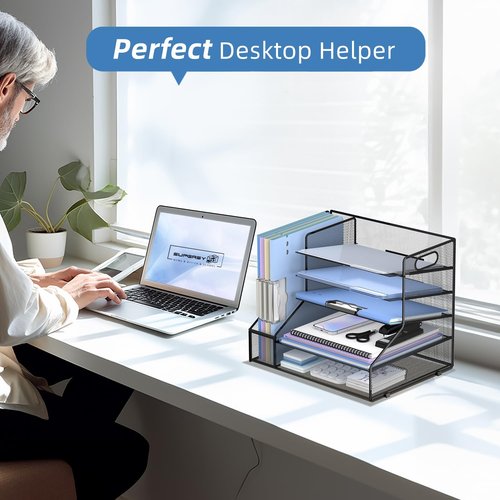 SUPEASY Desk Organizer with File Holder, 5-Tier Mesh Paper Letter Tray Organizer, Desktop Organizer and Storage with 3 Slot Document File Sorter for Office Supplies, Black