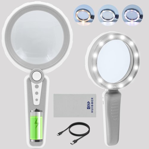 HUIBOER 45X Magnifying Glass with Light, 4.6 Inch 1200mAh USB Rechargeable, 3 Color Modes, Large Handheld Magnifier for Low Vision Seniors with Macular Degeneration, Reading, Jewelry, Coins - Grey