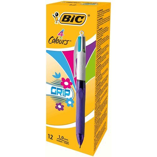 Bic 4 Colours Grip Retractable Ball Pens - Box of 12- Medium Point (1.0 mm) - Extra-Comfort Grip - Fashion Ink Colours