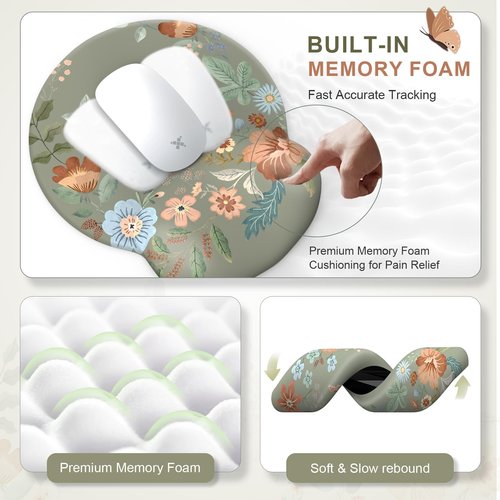 iLeadon Mouse Pad Set and Keyboard Wrist Rest, Non-Slip Desk Pad Mat for Keyboard and Mouse, Floral Desk Mat Cute Wave Design, Computer Wrist Rest for Women Office Desk (Green)