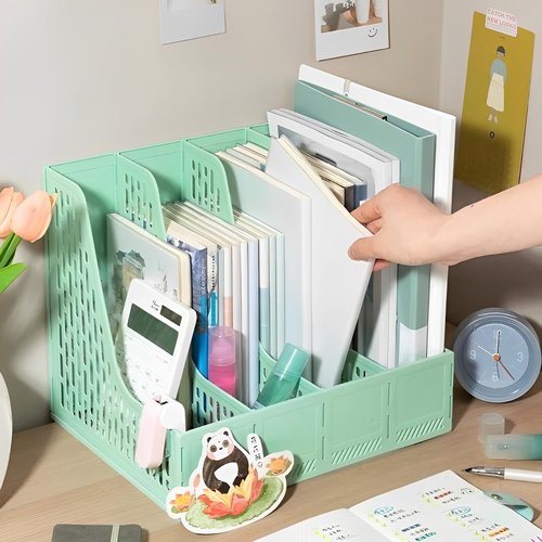 ZQS Plastic Magazine File Holder, Desk Organizer File Folder for Office Organization and Storage, Sturdy Binder Organizer with 4 Vertical Compartmente，Desktop Accessories for Office Storage