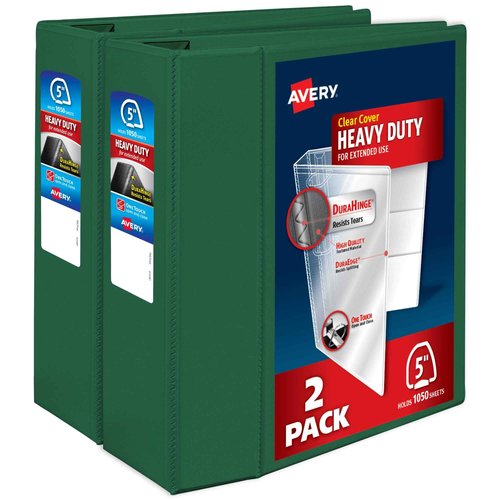 Avery Heavy-Duty View 3 Ring Binders, 5 Inch One Touch EZD Rings, 1,050-Sheet Capacity, 2.3/4.8 Inch Wide Spine, Customizable Clear Cover and Spine, Green Binders (2-Pack of 79111)