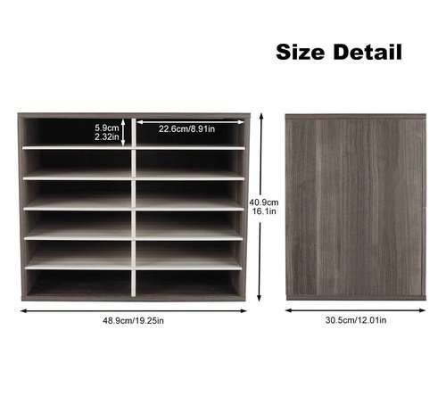 TQVAI Literature Organizer, Heavy Duty 12 Compartments Countertop Mail Organizer with Adjustable Shelves, Wooden Desk Paper Storage Organizer, Mailboxes Cubbies for Office, Classroom, Retro Grey/White