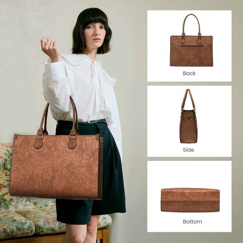 LOVEVOOK Laptop Tote Bag for Women, 15.6 Inch Large Capacity Vintage Leather Work Computer Bag, Business Casual Shoulder Handbag, Brown Embossed