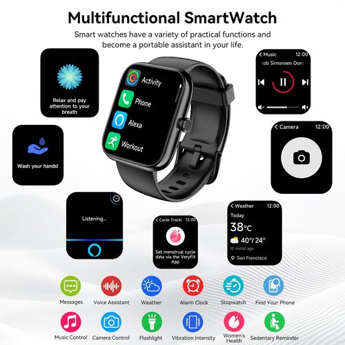 SENBONO Smart Watch with Alexa Built-in, 1.83" HD Touchscreen, Digital Bluetooth Calling, IP68 Waterproof Fitness Tracker, 120+ Sports Modes, 24/7 Heart Rate/Sleep Monitor for iPhone Android (Black)