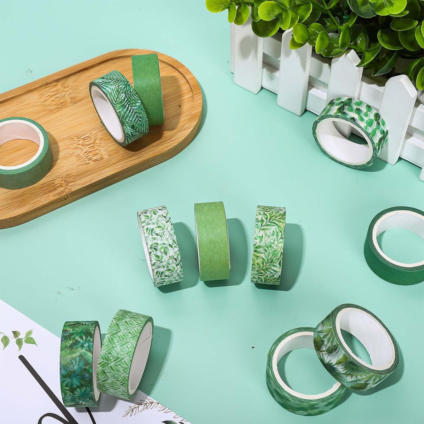 Whaline Washi Tape Set - 12 Rolls of Green Leaves & Assorted Plant Designs for Scrapbooking & DIY Crafts