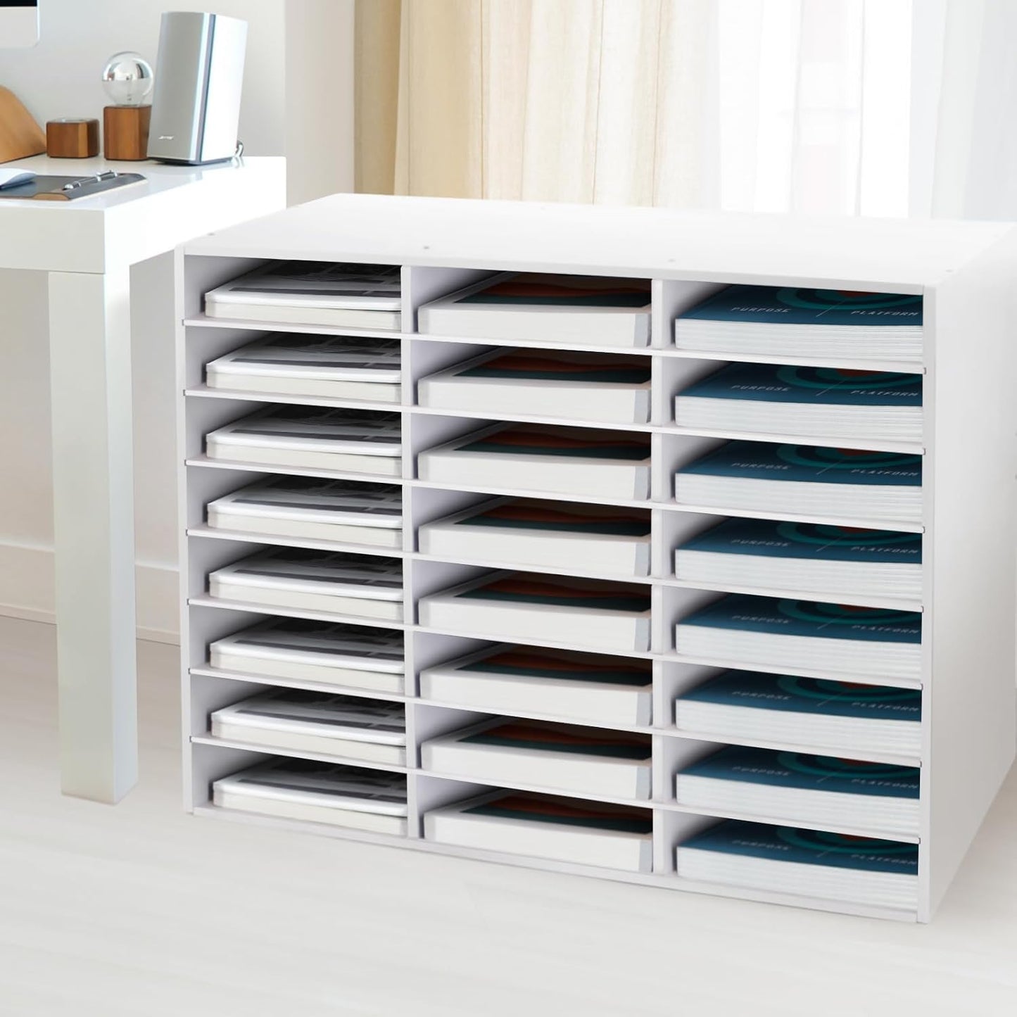 SONGWAY Desk Paper Storage Organizer - 24-Compartment Literature Organizer with Adjustable Shelves | White