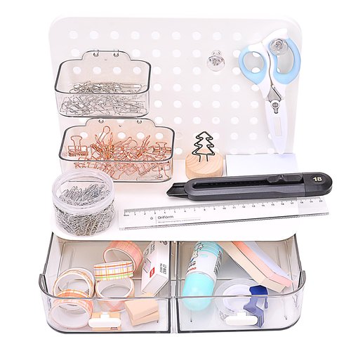 ONEFOLL Desktop Storage Organizer, Cave Board Stand Organizer With 2 drawers, Pen Holder, Work Position Shelf Acrylic Desk Organizer, Stationery Organizing Box