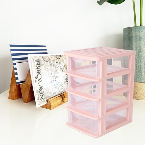 DOITOOL 4 Drawer Cube Storage Organizer for Home Office, Plastic Makeup Organizer Storage Station Cube, Desktop Organizer for Office Supplies, Makeup Supplies (Pink)