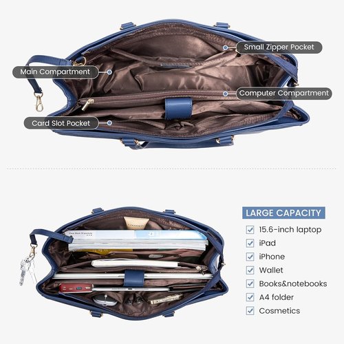 LOVEVOOK Laptop Tote Bag - 15.6 Inch Waterproof Leather Briefcase for Women | Navy Blue