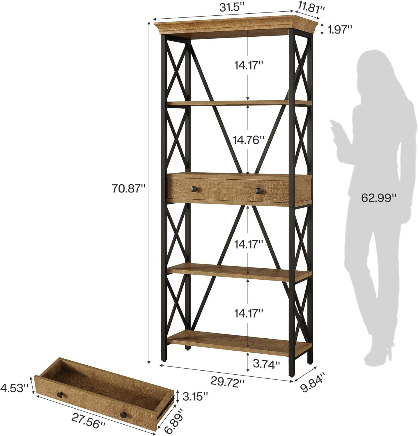 Tribesigns Industrial Bookshelf - 70.9" Tall Bookcase with Drawers & Open Shelves | Rustic Brown Finish