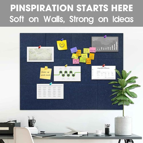 Large Cork Board Felt Wall Tiles, 47"x35" 12 Pack Felt Bulletin Board Pin Board with 48 Safe Removable Adhesive Tabs, 60 Push Pins, Alternative Cork Board for Walls Home Office, Navy Blue