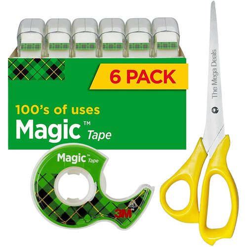 Magic Tape 6 Packs Clear Tape, Magic Tape with Dispensers, Invisible Tape ¾ x 300 Inches, and a 8 Inch All Purpose Scissors
