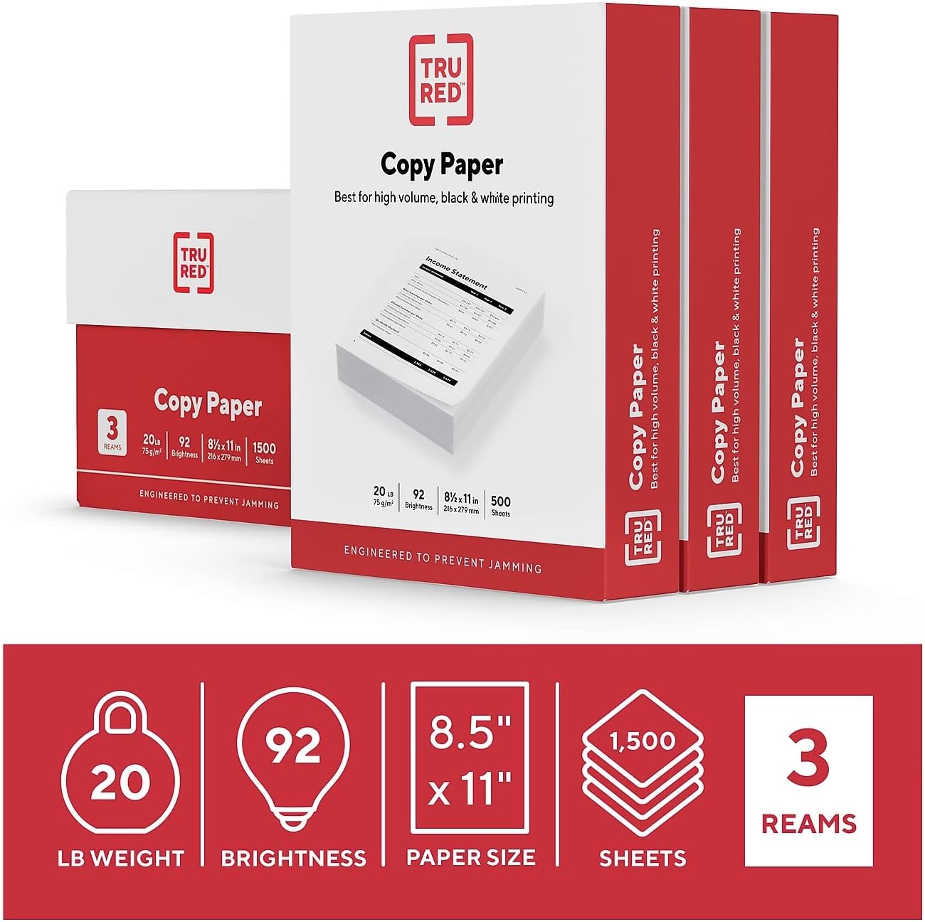 TRU RED Copy Paper - 8.5" x 11" | 92 Brightness, Smooth Finish, 20 lbs, 500 Sheets per Ream