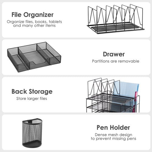 Housmile Desk Organizer, 5-Tier Desk Organizers and Accessories with File Sorters, Paper Tray, Drawer and Pen Holder, Anti-slip Silicone, Detachable File Organizer for Desk, Black