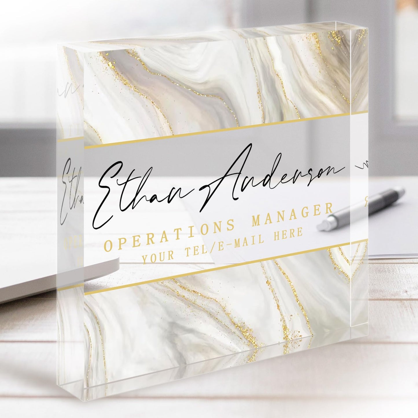 Custom Professional Office Desk Signs - Personalized Acrylic Name Plates for Desk - Employee Appreciation Gifts for Coworkers, Boss, Teacher - Desk Funny Decorations Gift - Square (White Marble)