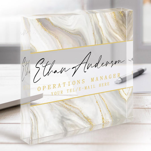 Custom Professional Office Desk Signs - Personalized Acrylic Name Plates for Desk - Employee Appreciation Gifts for Coworkers, Boss, Teacher - Desk Funny Decorations Gift - Square (White Marble)