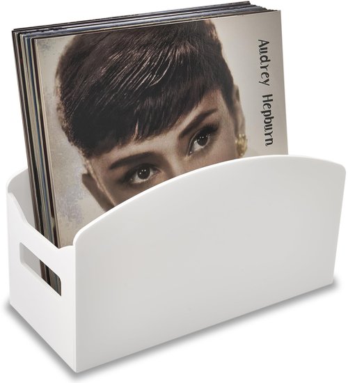 Meicloud White Acrylic Record Holder - Modern Vinyl Record Storage Box, LP Record Organizer, Clear Lucite Record Case with Handles, Album Record Display Bin, Holds up to 35-45 Records