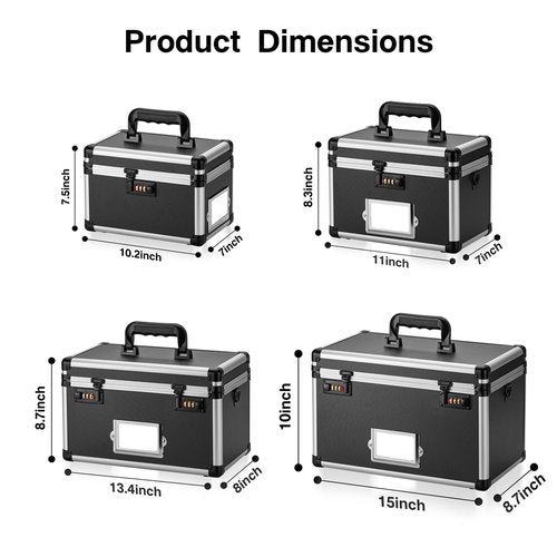 LOCKCURX 11 x 7 x 8.3 Inch Lockable Storage Box with Combination Lock, Portable Safe for Documents, Medicine, Cash & Valuables, Medicine Lock Box with Label Slot for Home, Office & Travel - Black