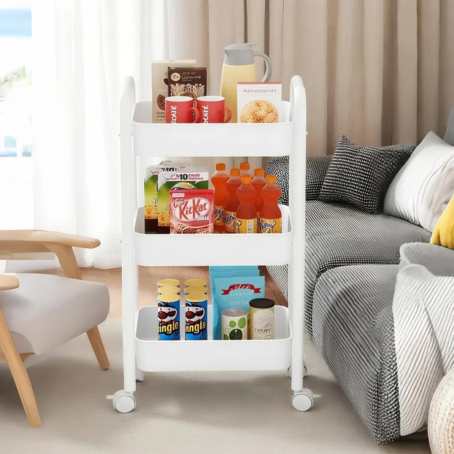 DKALIO 3 Tier Metal Rolling Cart, Heavy Duty Utility Storage Organizer with Lockable Wheels, Mobile Utility Cart for Livingroom, Bathroom, Kitchen, & Narrow Places, White