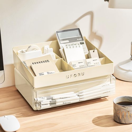 UFORU Desk Organizer with 6 Compartments, 2 Tier Stackable Storage Drawers Plastic Makeup Storage, Office Desk Storage Box, Stationary Sorting Helper