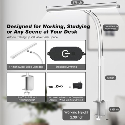 Airlonv LED Desk Lamp - Eye-Caring Adjustable Gooseneck Light with Stepless Dimming | 10W USB Clamp Lamp (White)