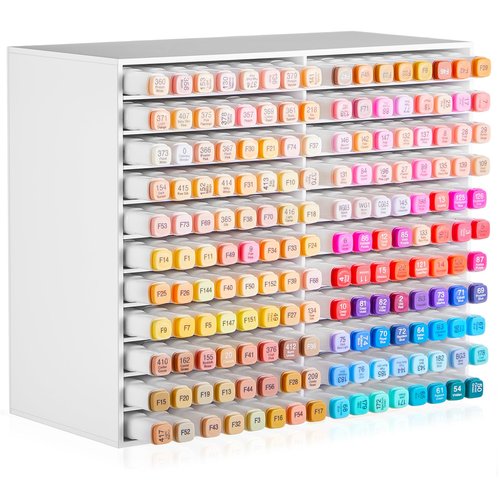 MotiMind Acrylic Marker Organizer for 176 Marker, Large Art Pencil Holder Storage Rack for Desk, Pens Art Brushes Display Stand with 22 Compartments for Desktop, Office (White, 176 Capacity)