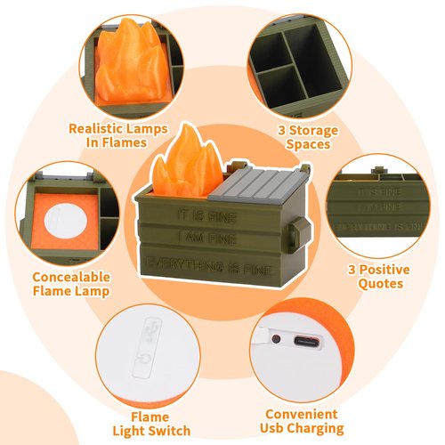 Dalycro Dumpster Fire Pencil Holder Fun Desk Accessories with Removable Flame Light Touch Dimming Mode & USB Charging Port Perfect Pen Holder for Desk, Funny Gift for Coworkers