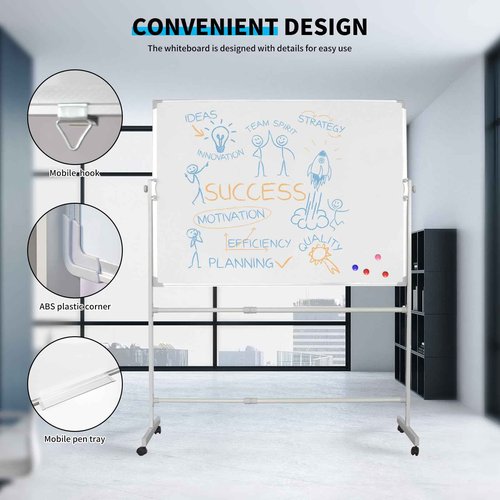 Mobile Double-Sided Whiteboard 48" x 36" with Stand, Portable Rolling Dry Erase Board, Includes 1 Eraser, 2 Markers, 4 Magnetic Pins, Aluminum Frame for Office, Home, School, Classroom