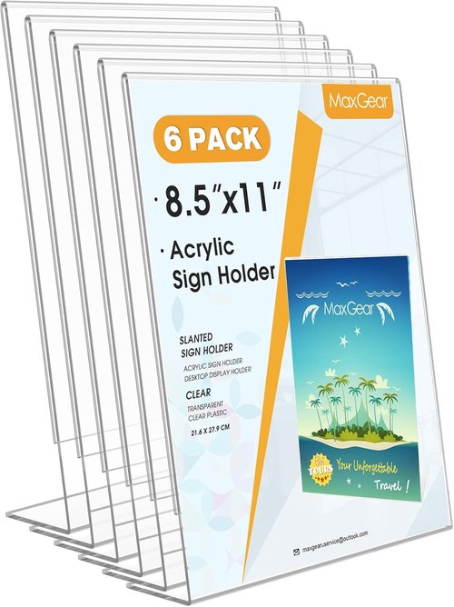 MaxGear Acrylic Sign Holder - 6 Pack 8.5" x 11" Vertical Display Stand for Office Documents & Photos