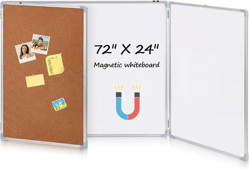Mooliwe Tri-Fold Cork Board & Whiteboard - 72"x24" Magnetic Dry Erase & Bulletin Board with Aluminum Frame