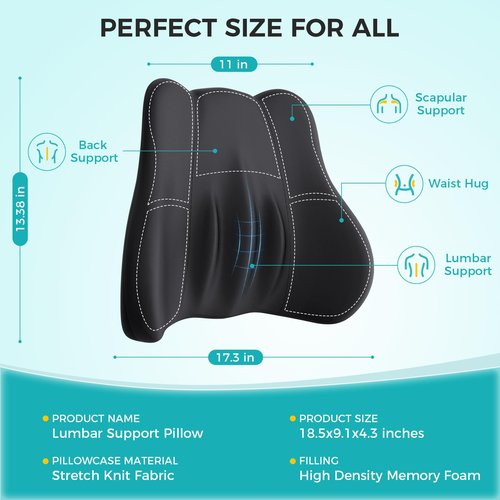 kasney Lumbar Support Pillow, Memory Foam Lumbar Pillow for Lower Back Pain Relief, Back Support Pillow for Office Chair, Car Seat - Black