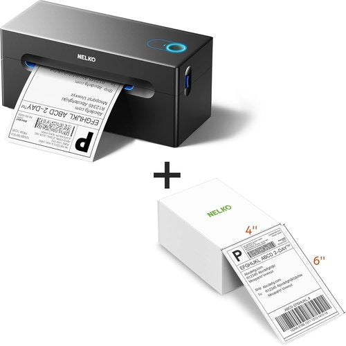 Nelko Bluetooth Thermal Shipping Label Printer - Black | Includes 500 Genuine 4x6 Direct Thermal Labels