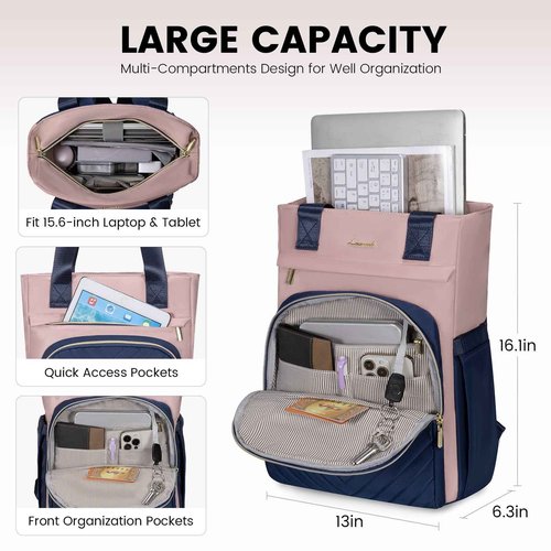 LOVEVOOK Laptop Backpack for Women, 15.6 Inch Work Business Laptop Bag, Wide Top Open Teacher Nurse Bag with USB Port, Waterproof Computer Backpack Purse for travel