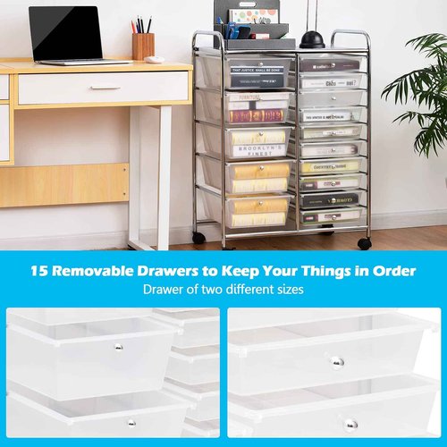 BETTARY 15 Drawer Rolling Cart, Tools Scrapbook Paper Organizer w/Removable Drawers & 4 Universal Wheels, Multipurpose Lightweight Cart for Supermarket, School, Office, Home Compact Space (Clear)