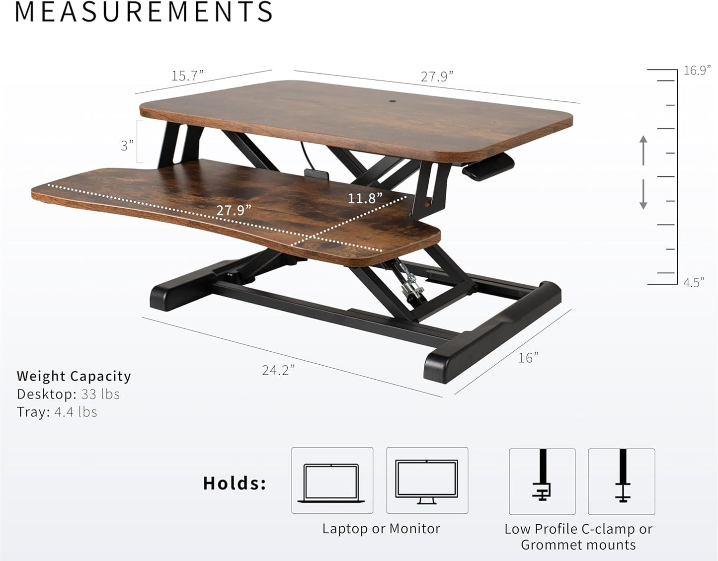 VIVO Height Adjustable Sit to Stand Desk Converter - 28 Inch Rustic Vintage Brown Top | Dual Monitor Workstation