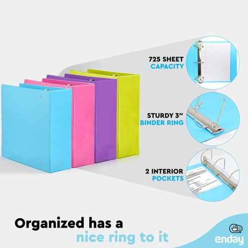 3 Inch Binder 3 Ring Binders, Slant D-Ring 3” Clear View Cover with 2 Inside Pockets, Heavy Duty Colored School Supplies Office and Home Binders Pink, Blue, Purple, Green (4 Pack) – by Enday