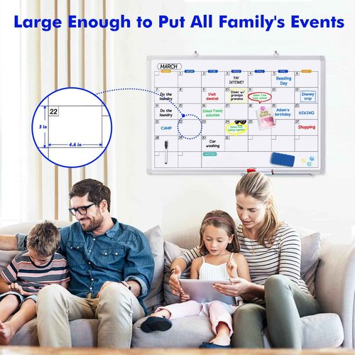 Dry Erase Calendar Whiteboard for Wall, 36" x 24" Magnetic Monthly White Board Calendar Dry Erase, Wall Hanging Aluminum Frame with Tray for Home, School, Office (Silver Frame)