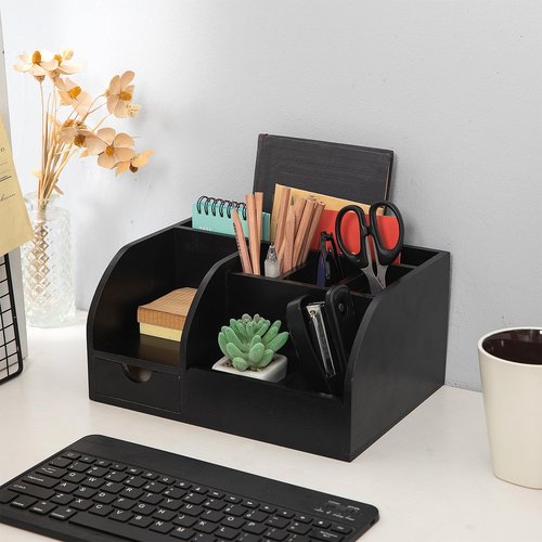 VERGOODR Office Desk Drawer Supply Organizer and Accessories, Wood Desk Organizer with 6 Compartments & 1 Drawer Binders Folder Papers Holder Pen Holder Office Desktop File Organizer (black)