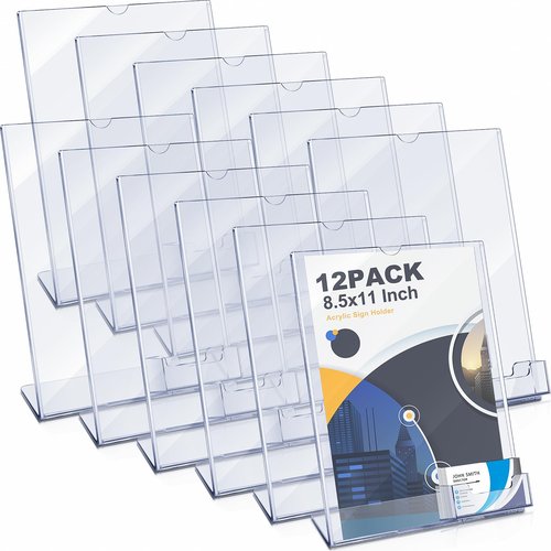 12 Pcs 8.5 x 11 Acrylic Sign Holder with Business Card Holder Clear Brochure Display Stand with Attached Business Card Pocket Advertisement Printed Material Flyer Holder Flyer Stand Frame