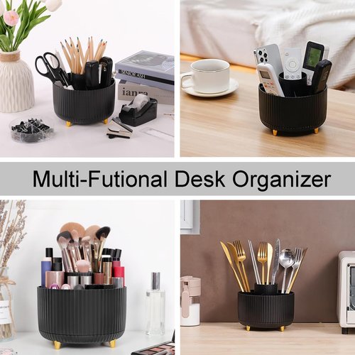 Black Office Supplies Set, Black Desk Organizer and Accessories 10pcs with 360°Pen Holder,Stapler and Tape Dispenser Set, Remover, Staples, Clips, Scissor,Sticky Notes and Pen for Women,Students