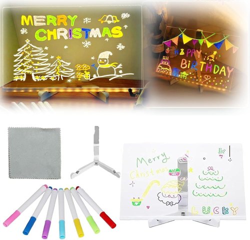 Lumiboard Led Drawing Board, Erasable Drawing Board with Night Light, 2025 New Luminous Acrylic Message Board, LED Writing Board with Adjustable Stand and 7 Pens for Office Home (20*20cm / 7.8*7.8in)
