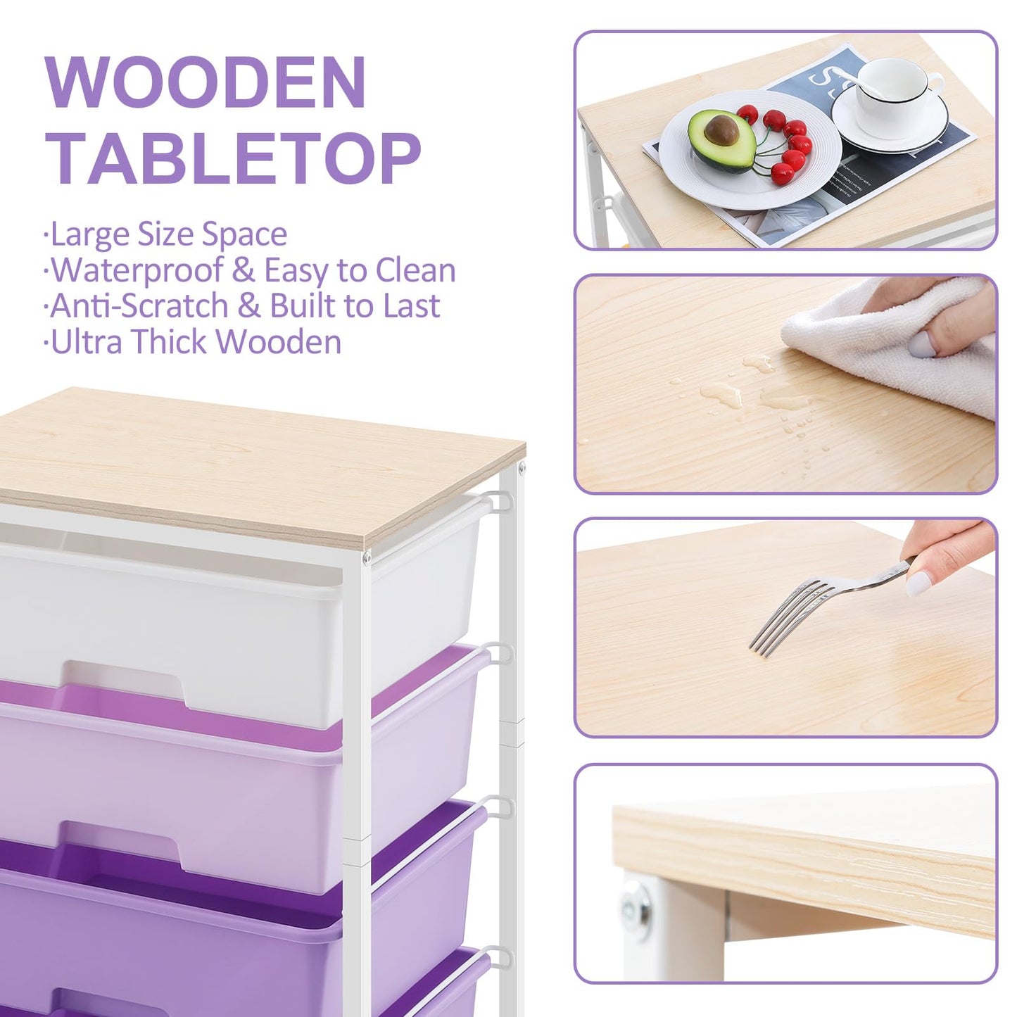 Utility Cart with 4 Drawers,Rolling Storage Cart with Drawers,Storage Rolling Drawer Cart with Wooden Tabletop for Bedroom,Kid's Room,Dorm,Classroom,Office, Purple