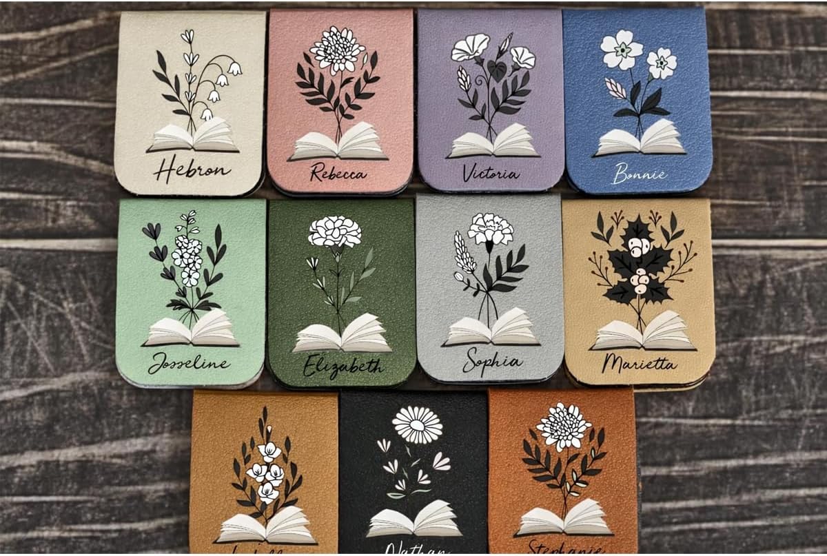 Skiennix Personalized Leather Magnetic Bookmark - Custom Birth Flower Design | Unique Gift for Readers