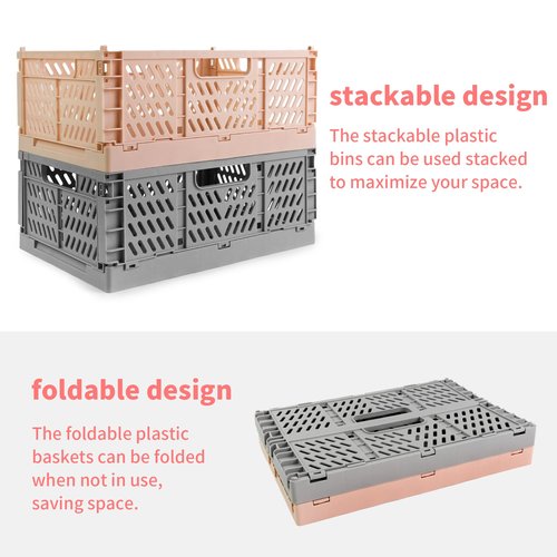 Domiella 2-Pack Crates for Storage, Storage Crates Plastic Stackable, Foldable Crate for Office Home Kitchen Bedroom Bathroom (Large, Gray)